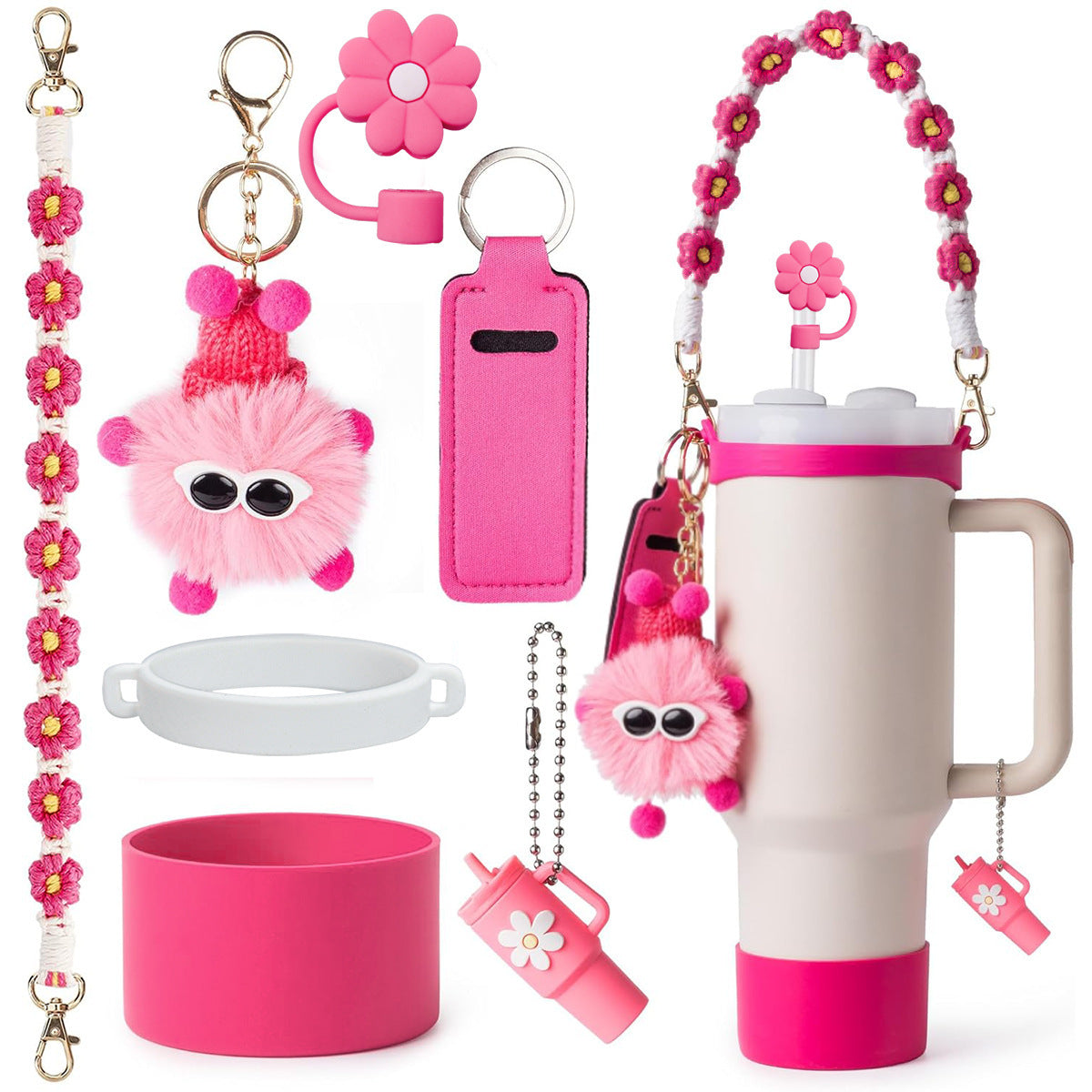 Wholesale Cartoon fur ball hanging chain lipstick set silicone cup set seven-piece set